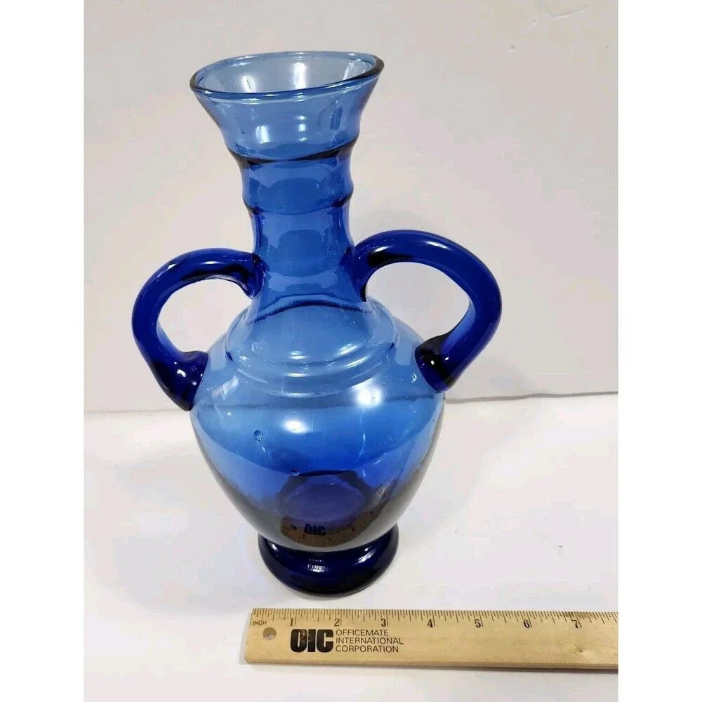 Vintage Cobalt Blue Hand Blown Vase Glass Applied Handles Made In Spain